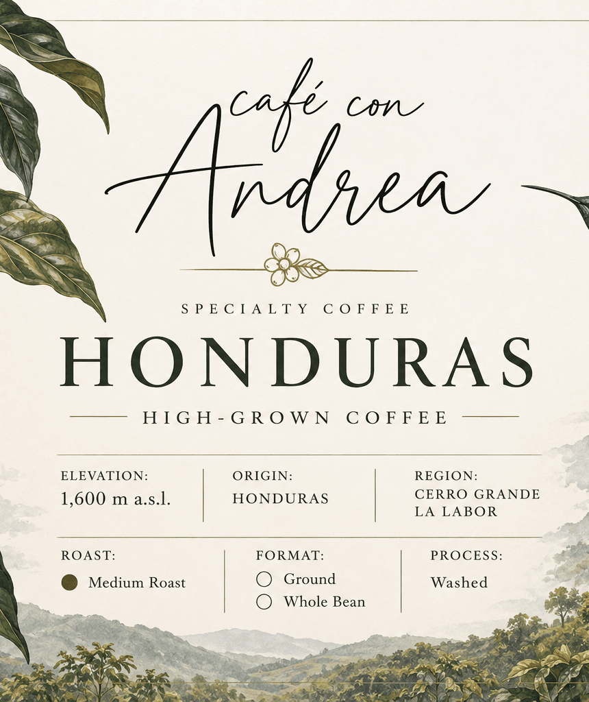 Café con Andrea Honduras High-Grown specialty coffee label: medium roast, washed, from Cerro Grande, La Labor at 1,600 m a.s.l.